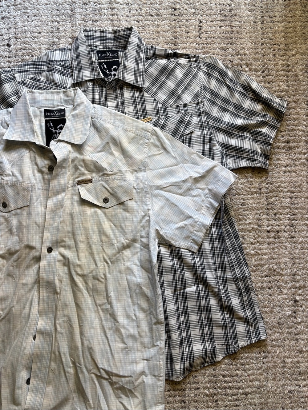 TWO Marc Ecko Cut & Sew Button-Down Shirts in Light Gray and Black Plaid